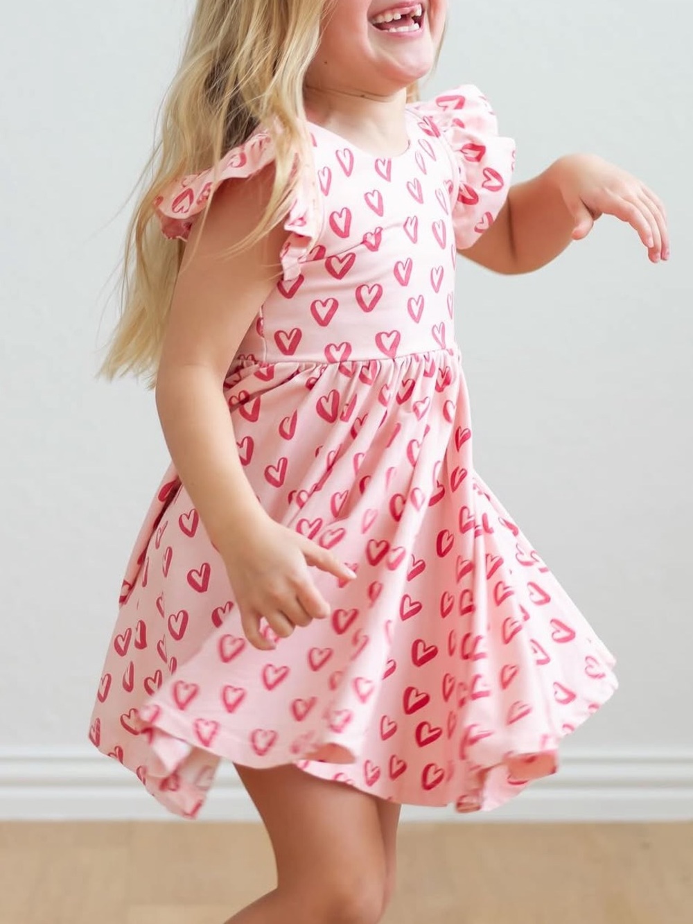Ollie Jay Olivia happy hearts print dress flutter short sleeve peach toddler